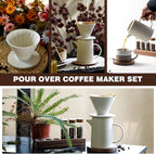 Pour Over Coffee Maker Set Vintage Ceramic Pour Over V60 Coffee Dripper Set with 20 Count Paper Coffee Filters,for Home Café Restaurant Camping,15.8 Ounces(White)