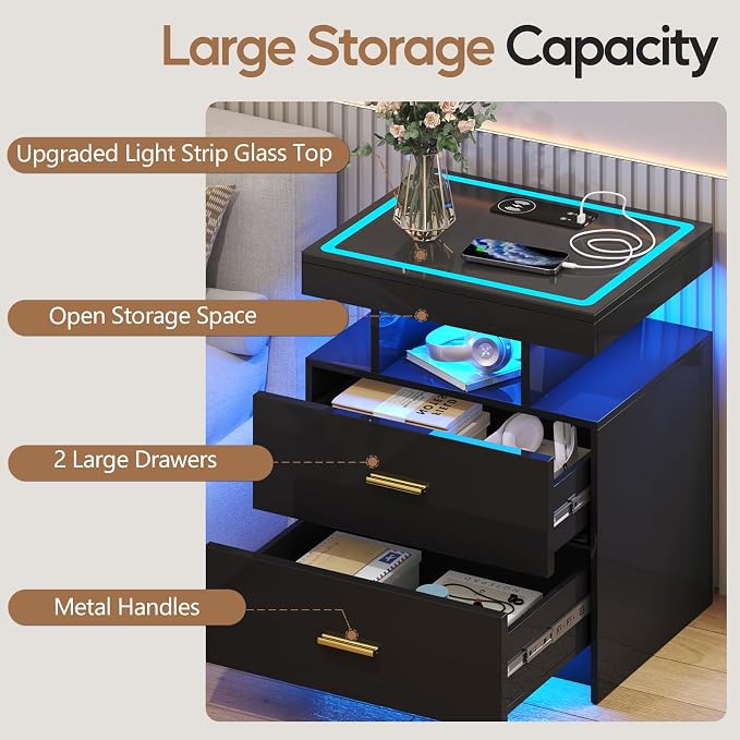 LED Nightstand with Wireless Charging Station, Glass Top Smart Bedside Table - Image 6