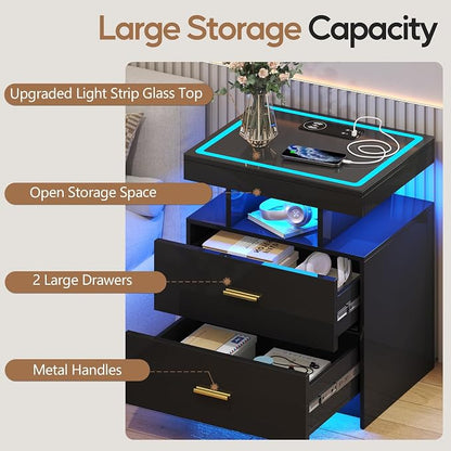 LED Nightstand with Wireless Charging Station, Glass Top Smart Bedside Table - Image 6