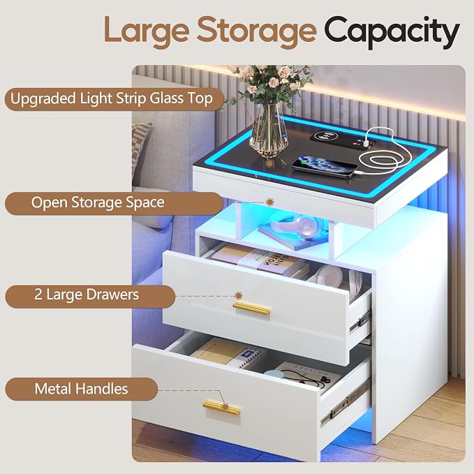 LED Nightstand Set 2 with Wireless Charging Station, Glass Top Smart Bedside - Image 6