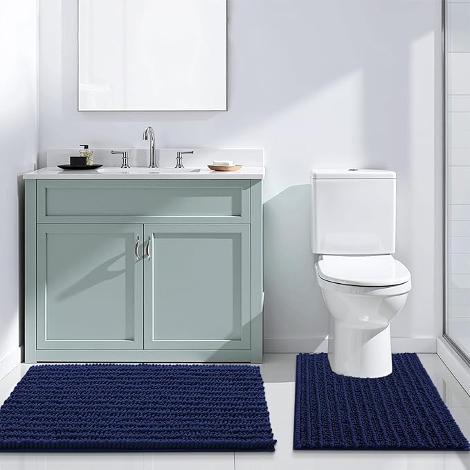 Arotive Luxury Chenille Bathroom Rug Mat, Extra Soft Thick Absorbent Shaggy Bath Rugs, Non-Slip Machine Wash Dry, Plush Bath Mats for Bathroom, Shower and Tub, 30x17, Navy