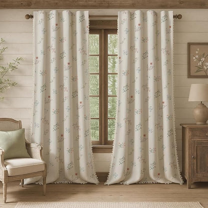 Boho Floral 100% Blackout Curtains 96 Inch 2 Panels Linen Texture | Farmhouse by Unknown