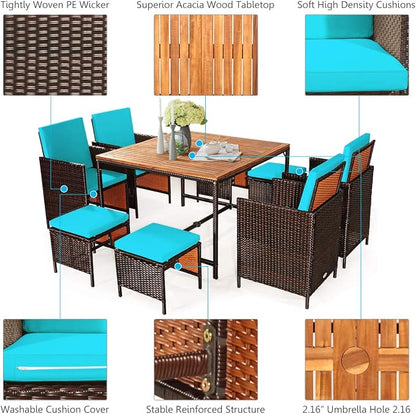 Tangkula 9 Pieces Acacia Wood Patio Dining Set, Space Saving Wicker Chairs and - Image 8
