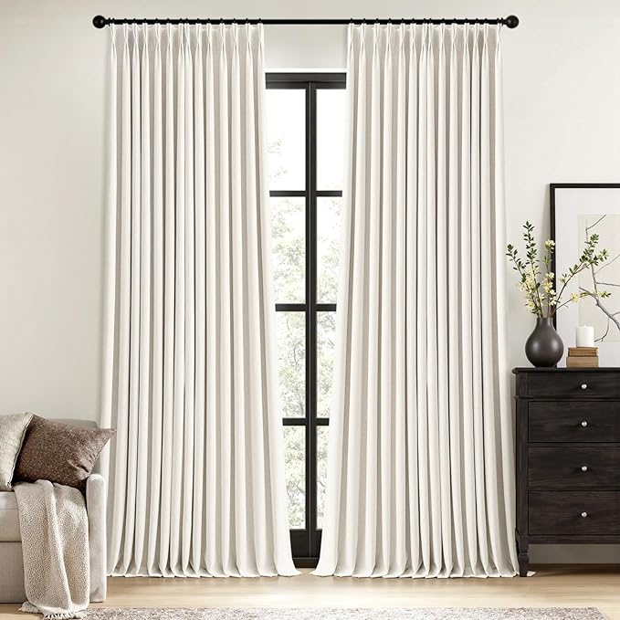 MIULEE Beige White Pinch Pleated 100% Blackout Linen Curtains 40x96 Inches | by MIULEE