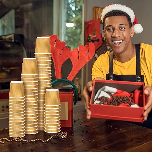 Yaomiao 200 Pcs 4 oz Disposable Espresso Coffee Cups Ripple Corrugated Paper Insulated Hot Cups for Party Cold Drinks Hot Beverage Tea(Kraft Paper Color)