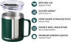 SUNWILL Travel Coffee Mug with Lid, Insulated Cup with Handle, 14 oz Stainless Steel Tumbler for Camping, Office, Outdoor, Powder Coated Forest Green