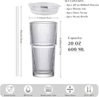 INSETLAN 20 oz Ribbed Glass Tumblers with Lids and Glass Straws – 4-Piece Glassware Set, Thickened Glass, Ideal for Iced Coffee, Smoothies, Cocktails, and Juices – Elegant and Durable Drinkware