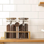 Yangbaga Glass Coffee Container with Wooden Shelf,2×45OZ Coffee and Sugar Container Set,Coffee Canisters with Airtight Lids and Scoop,Large Capacity Food Storage Jars for Coffee Beans,Nuts,Tea,Sugar