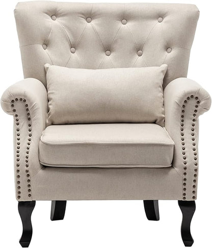 Mid Century Accent Chair for Living Room, Linen Fabric Button Tufted Armchair by DMFurniture