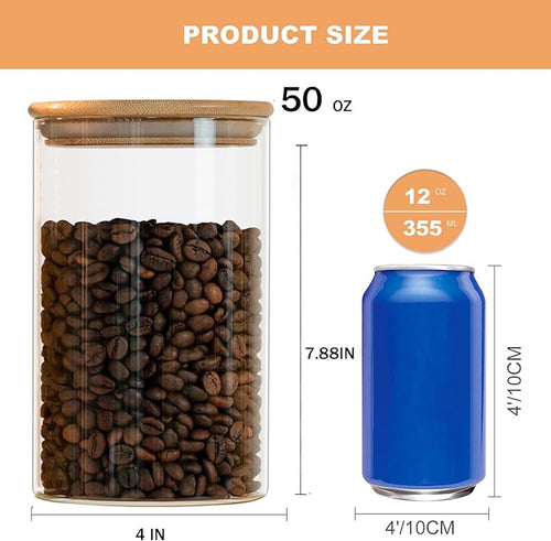 50oz Glass Food Storage Jars Set of 6,Glass Storage Containers Clear Glass Food Canister with Bamboo Lid Airtight For Serving Tea, Coffee, Flour, Sugar, Candy, Cookie, Spice and More (Round)