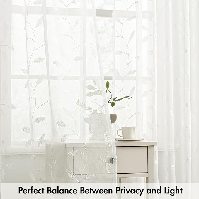 MIULEE Ivory Sheer Curtains 2 Panels Embroidered Leaf Patterned, W52 x L45 | - Image 5