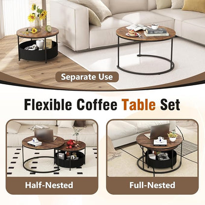 Tangkula Round Nesting Coffee Table Set of 2, Wooden Center End Table - Image 5