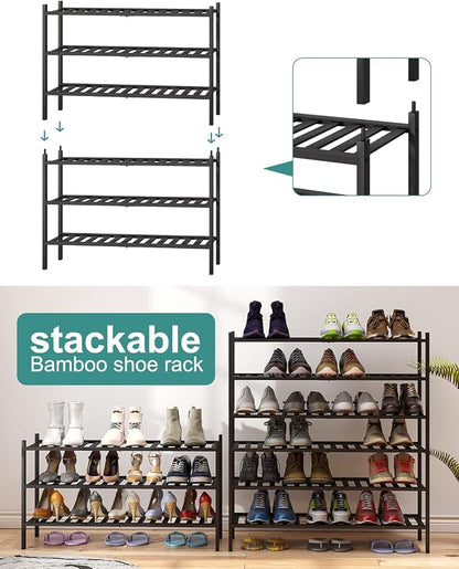 viewcare 3-Tier Long Black Shoe Rack, Bamboo Wood Shoe Rack - Image 6
