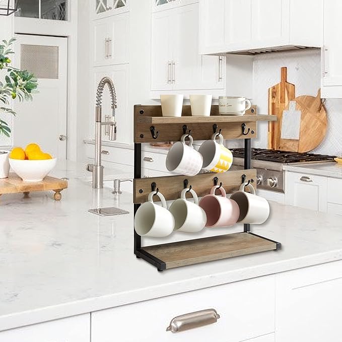 IBUYKE Rustic Coffee Mug Holder Stand, 2 Tier Countertop Mug Tree Holder Rack with Storage Base, Vintage Mug Holders for Kitchen, Holds 8 Mugs, Beige UTBJ002Y