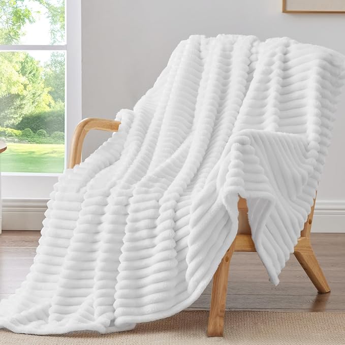 BEDELITE Striped Fleece Throw Blanket, Bright White, Soft Cozy, Lightweight Warm by BEDELITE