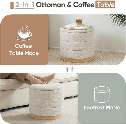 Round Storage Ottoman with Reversible Tray Lid, Folding Chenille Fabric - Image 5