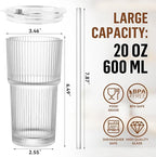 20 oz Glass Cup with Lid and Straw, Glass Tumbler with Straw and Lid, Vintage Glassware for Whiskey Cocktail Beer, Iced Coffee Cups with Lid (1 PACK)