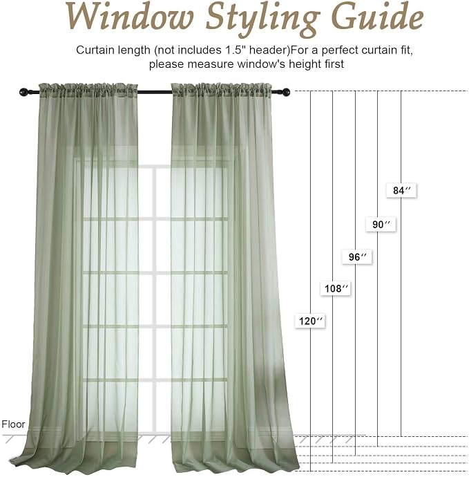 Sage Green Sheer Curtains 84 Inches Long 2 Panels Set, Light Filtering Sheer - Image 2