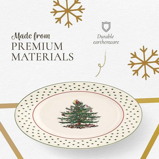 Spode Christmas Tree Polka Dot Dessert Plate (Set of 4) - Festive 8-Inch Stoneware Plates for Holiday Entertaining, Appetizers, Snacks - Microwave, Dishwasher, Freezer Safe Party Appetizer Dishes