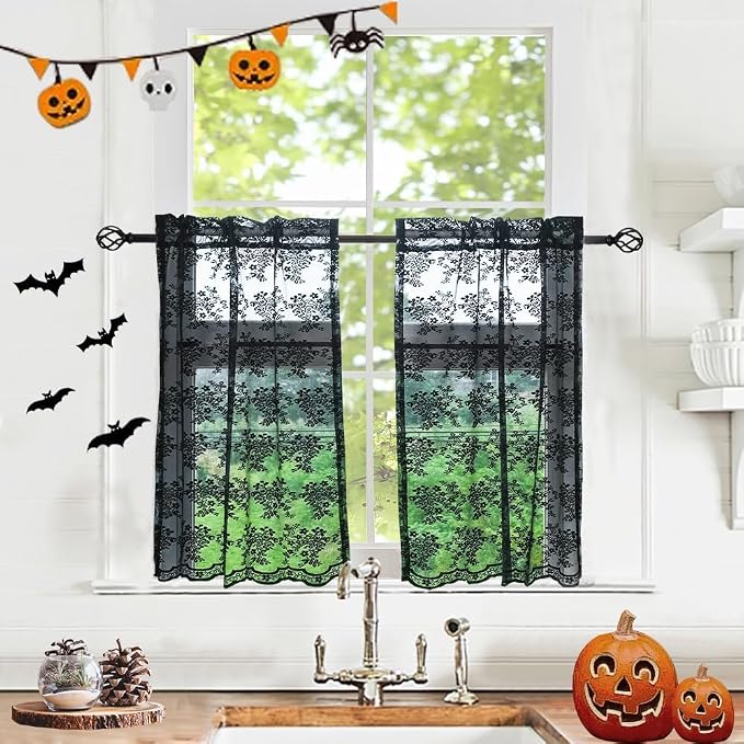 YJ YANJUN Vintage Lace Curtains 24 inch Length Set of 2 Victorian Gothic Short by YJYANJUN