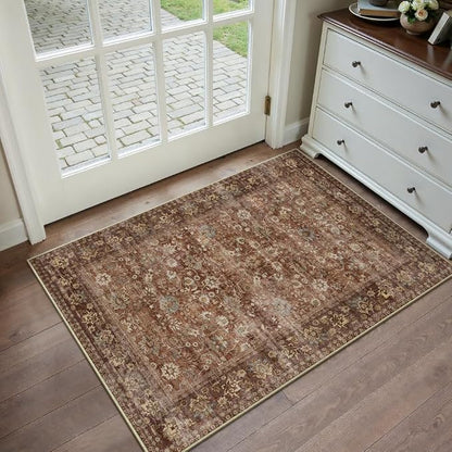 2x3 Brick Red Vintage Floral Washable Area Rug - Image 3
