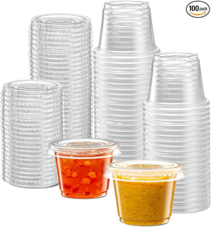 (1 oz - 100 Sets) Clear Diposable Plastic Portion Cups With Lids, Small Mini Containers For Portion Controll, Jello Shots, Meal Prep, Sauce Cups, Slime, Condiments,