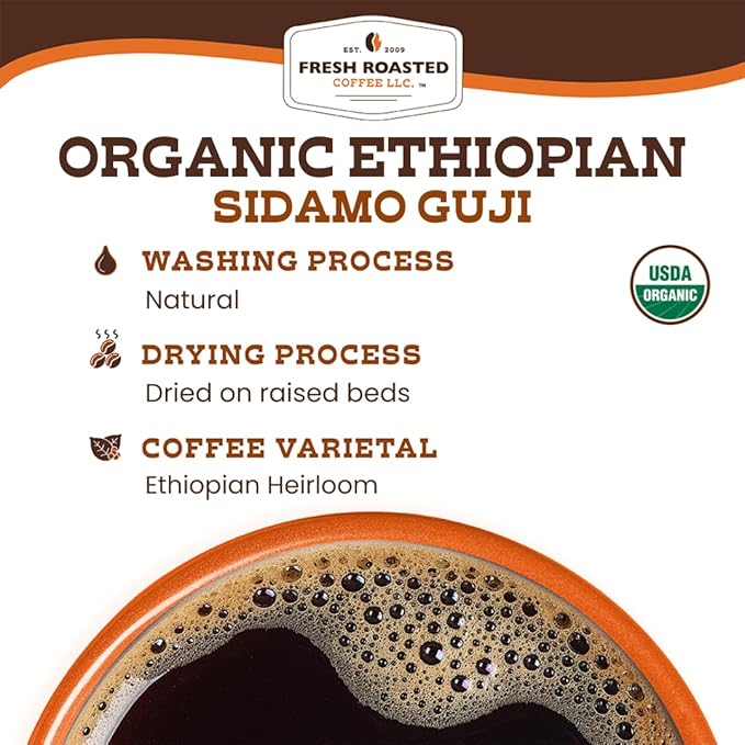 Fresh Roasted Coffee, Organic Ethiopian Sidamo Natural | USDA Organic, 100% Single Origin, Kosher | Light Roast 24 Pods for K Cup Brewers