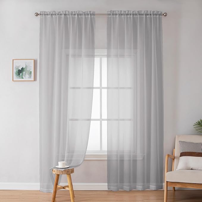 Sheer Curtains 96 inches Long for Bedroom Living Room, Solid Light Gray Soft - Image 2