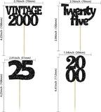 Gyufise 24Pcs 25th Birthday Cupcake Toppers Glitter Twenty-five Vintage 2000 Cheers to 25 Cupcake Picks Hello 25 Years Birthday Cake Decoration for Happy 25th Birthday Anniversary Party Supplies Black