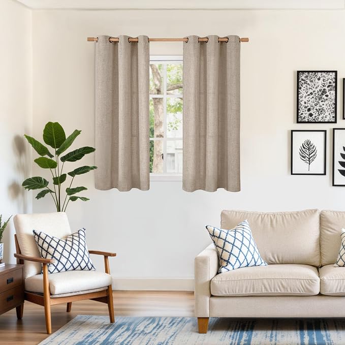 YoungsTex Short Linen Semi Sheer Curtains 45 lnch Length, Oatmeal Drapes | Tan - Image 2