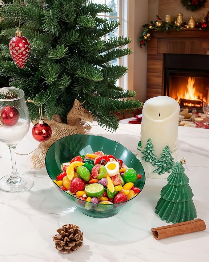 bUCLA 12 Pack Clear Green Plastic Serving Bowls - 20 OZ Christmas Angled Serving Bowls Disposable for Chip, Candy, Salad & Fruit - Ideal for X’mas Party