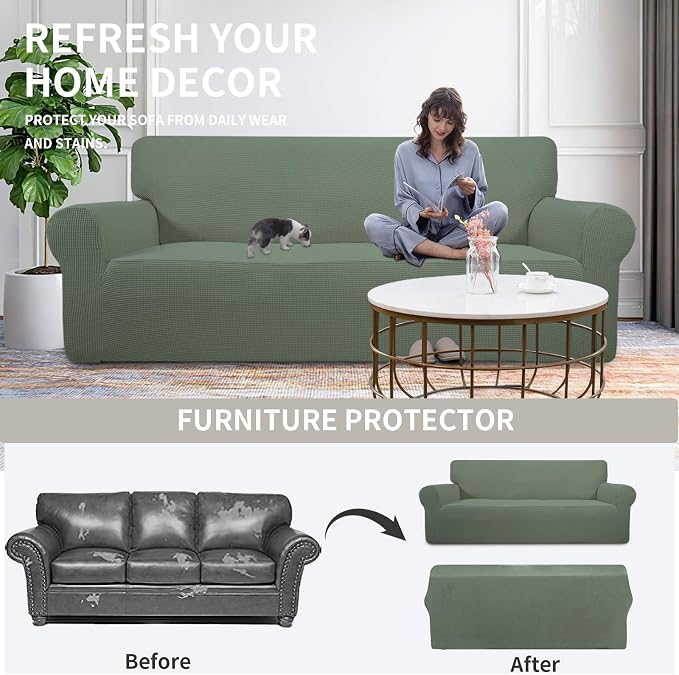 Easy-Going Stretch Oversized Loveseat Couch Covers Washable Greyish Green | - Image 4