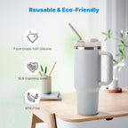Repeatable Metal Straw with Silicone Tips for 40 oz Stanley Tumbler, 2 Pcs 40 oz Stainless Steel Straws Replacement for Stanley Tumbler, 1 Straw Brush, BPA Free（Light Gray）
