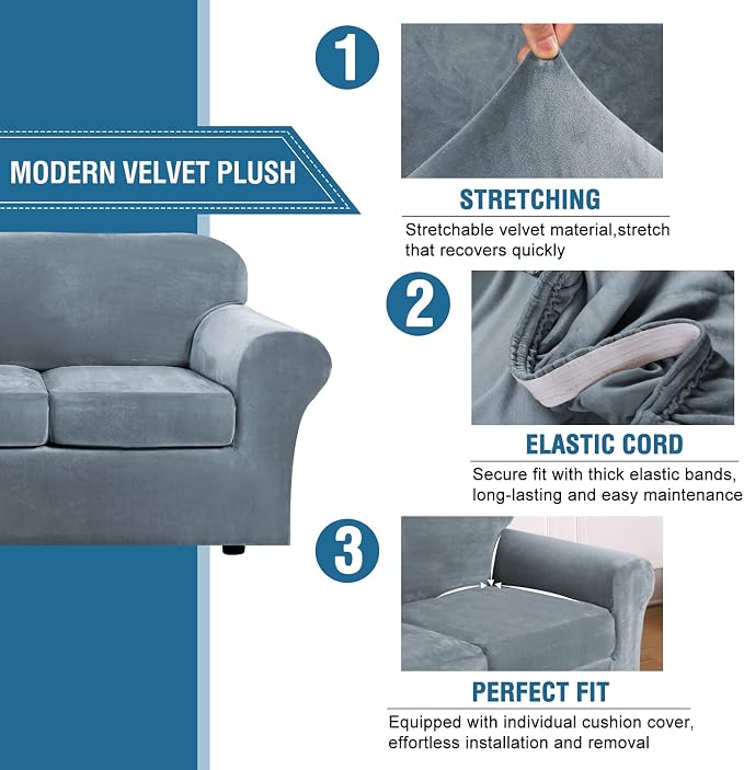 H.VERSAILTEX Velvet 4 Piece High Stretch Sofa Slipcover Cover Furniture - Image 3