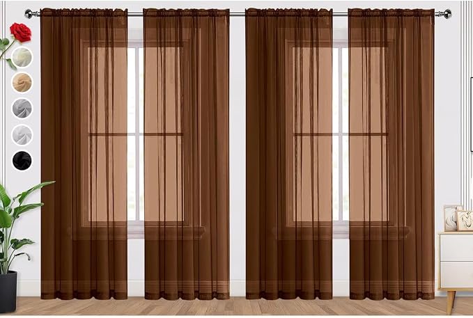 SpaceDresser Brown Sheer Curtains 4 Panels Rod Pocket Semi-Sheer Curtain 84 by SpaceDresser