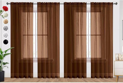 SpaceDresser Brown Sheer Curtains 4 Panels Rod Pocket Semi-Sheer Curtain 108 by SpaceDresser