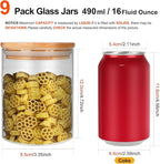 Glass Food Storage Containers Jars with Airtight Bamboo Lid 16 oz 9 pcs, 490 ml Pantry Organization Jar, Glass Terrarium with Lid, Spice, Flour and Sugar Container, Canister Set for Kitchen Counter
