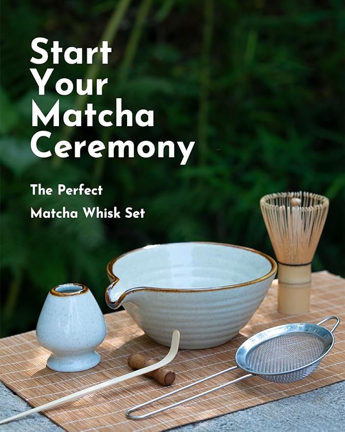 Matcha Whisk Set,Matcha Set,Matcha Kit,Matcha Bowl with Spout,Scoop,Sifter,Bamboo Whisk,Chasen Holder,Unique Gifts for Women Grifend,Gifts for Christmas, Birthday,Halloween