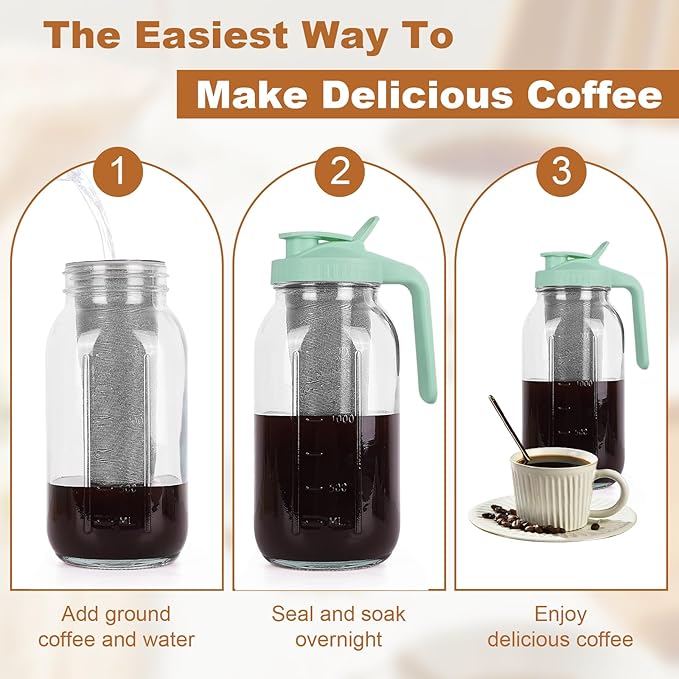 Cold Brew Coffee Maker，64 oz Wide Mouth Mason Jar Pitcher with Stainless Steel Filter, Pour Spout Handle Lid, Heavy Duty Glass Airtight & Leak-Proof Pitcher for iced coffee & Tea Lemonade-Green