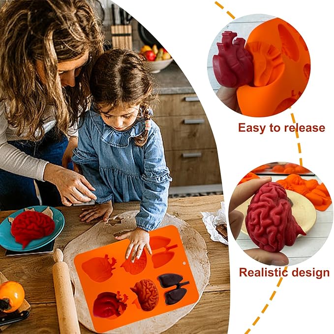 Brain and Heart Cake Mold, 2 Pack Halloween Silicone Molds Human Organ Jello Mold Heart lung Brain Shape Gelatin Chocolate Molds for Halloween Party Baking Mini Cakes Cupcake Muffin Soap Pudding