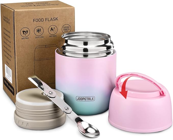 17 oz Insulated Lunch Containers Hot Food Jar, Wide Mouth Lunch Thermo for Kids Adults, Vacuum Stainless Steel Lunch Box With Handle Folding Spoon for School, Office (Blue-Pink)