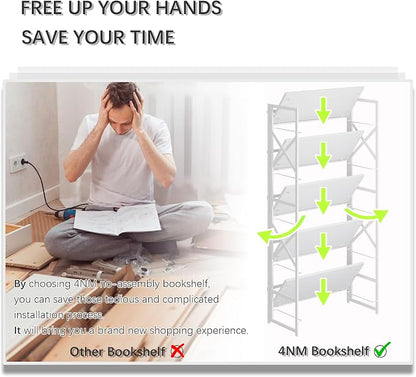 4NM 6 Tiers No Assembly Book Shelves, 61.8" H Folding Bookshelf Bookcase Open - Image 7