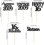 Gyufise 30Pcs Vintage 2009 Cupcake Toppers Glitter Sweet 16 Happy 16th Birthday Cake Decorations for Happy 16th Birthday Fabulous Anniversary Party Supplies Black