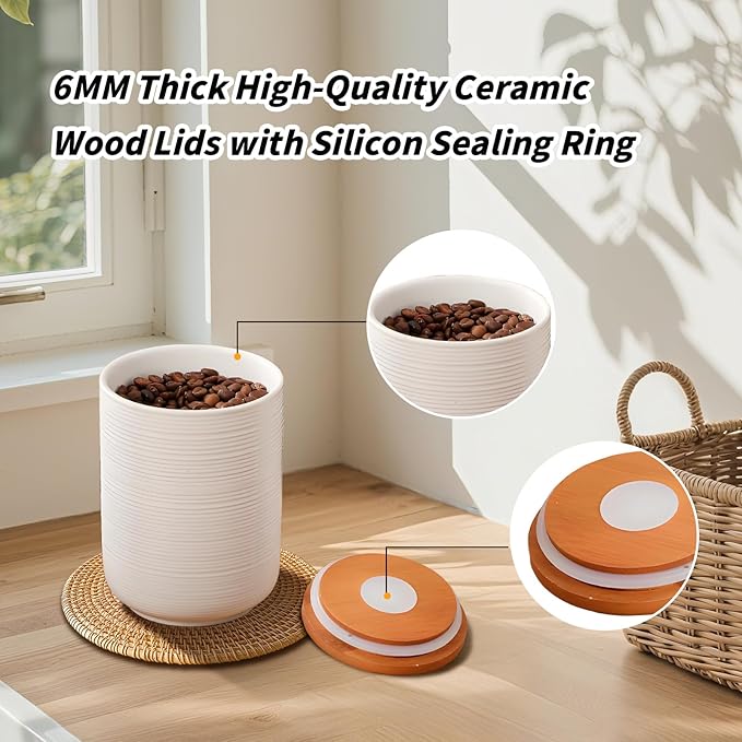 Food Storage Jar Strong Ceramic Storage Canisters with Airtight Wooden Lid,Kitchen Storage Containers for Serving Coffee Beans, Tea, Sugar, Salt, Spices (Medium white)
