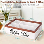Wooden Coffee Organizer Holder with Divided Sections & Cutout Handle, Farmhouse Coffee Bar Organizer for Pods, Cups, Lids, Syrups, Stirrers & Accessories – Ideal Gift for Home or Office-White