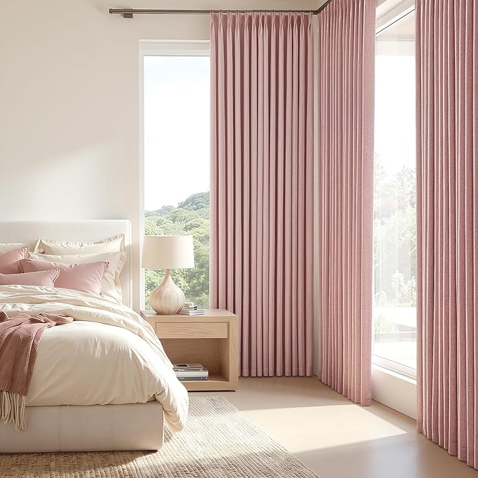 MIULEE Pink Pinch Pleated 100% Blackout Linen Curtains 40x90 Inches | Room - Image 2