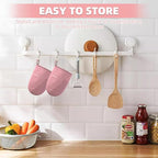 Mini Oven Mitts, Kitchen Oven Gloves Kitchen Mittens 500 Degrees Heat Resistant Baking Gloves, Non-Slip Silicone Surface with Hanging Loops Hot Gloves for Cooking, Baking, BBQ 1 Pair-Pink