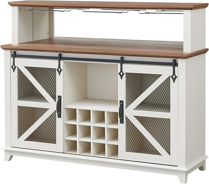 OKD Farmhouse Coffee Bar Cabinet with LED Lights, 55" Wine Bar Cabinet w/Sliding Barn Door & Wine and Glass Rack, Kitchen Buffet Cabinet w/Storage Shelves for Dining Room,Antique White