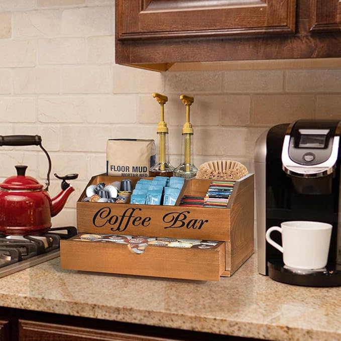 Coffee Bar Organizer Countertop, Wooden Bar Accessories With Drawer, Coffee Station Organizer Pods Holder Storage Basket, Farmhouse Tea Condiment Station