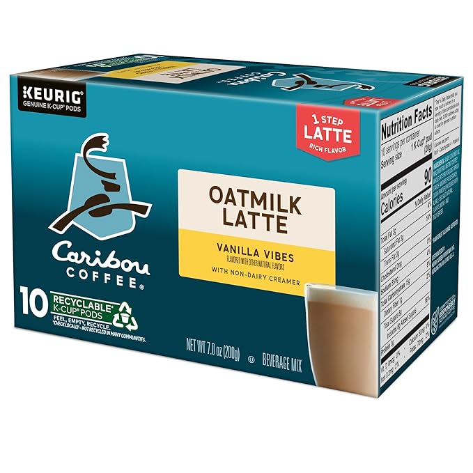 Caribou Coffee Vanilla Vibes Oatmilk Latte, One Step Latte Single Serve Keurig K-Cup Pods, 60 Count (6 Packs of 10)
